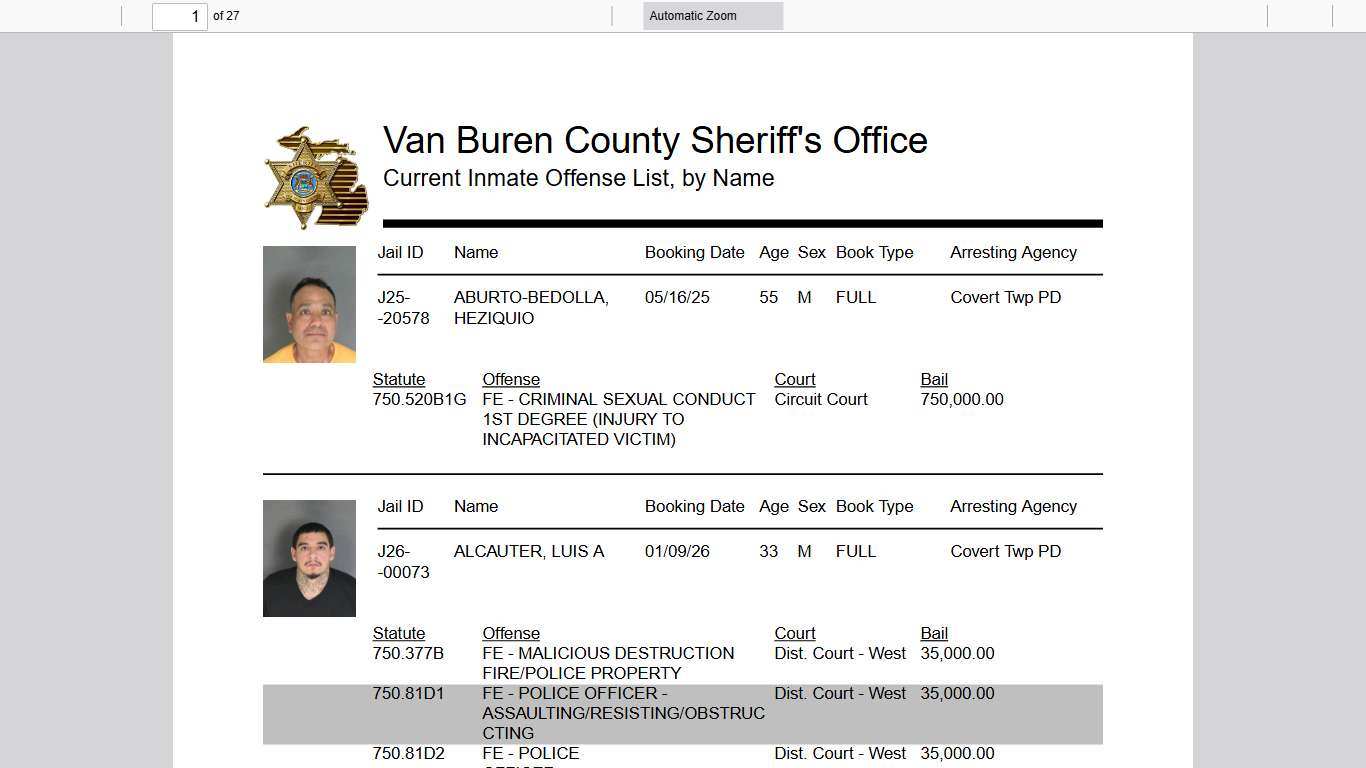 Van Buren County Michigan Inmate Roster